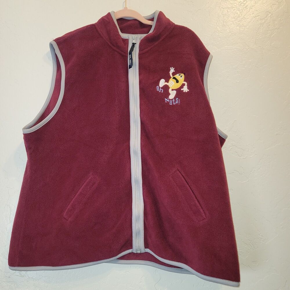 M&M Brand Yellow Peanut "Oh Nuts" Burgundy Red Full-Zip Fleece Vest Size 26/28W